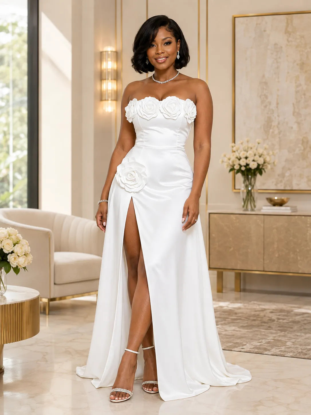 3D Rose Appliqué Strapless Satin Slit Gown