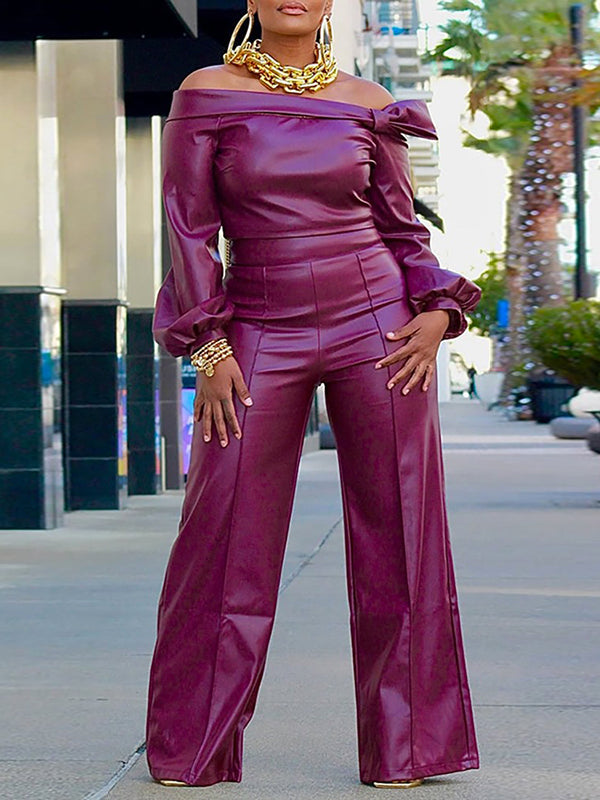Solid Color Loose Plus Size Off-The-Shoulder Blouse Tops&Pants Two Pieces Set