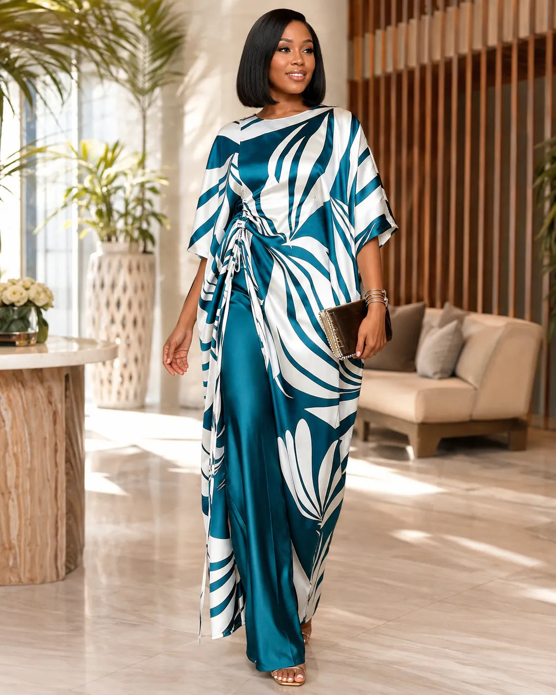 Satin Kaftan Two-Piece Set with Ruched Side Tie