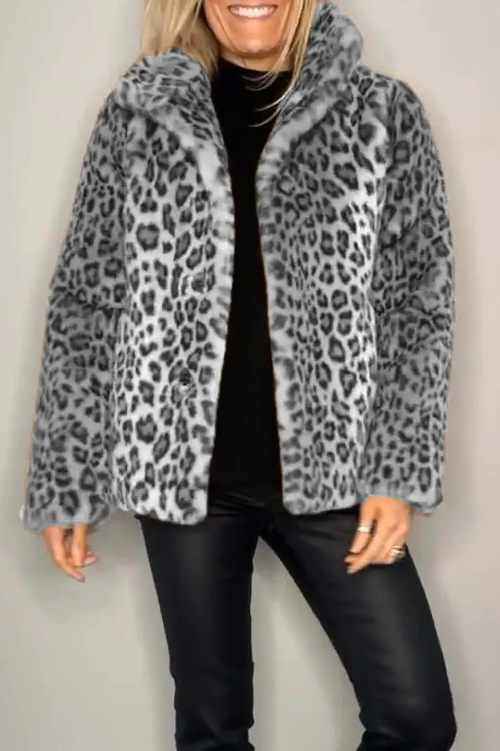 Leopard Fuzzy Long Sleeve Turndown Collar Coat-LightBrown