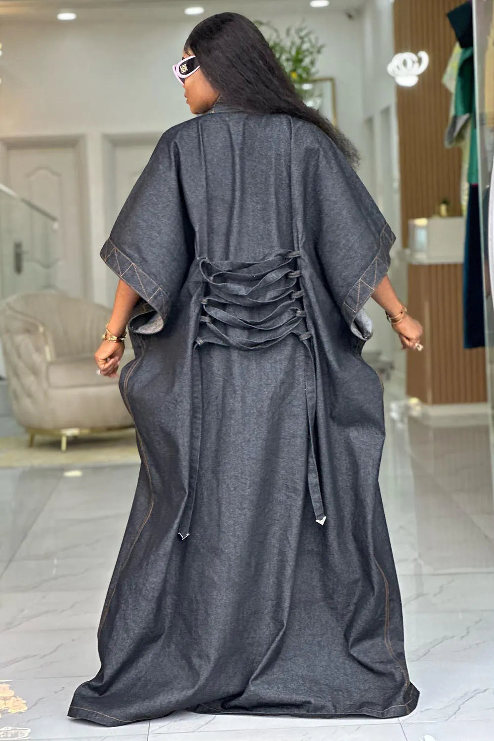 Bat-Wing Half Sleeve Lace-Up Seam Detail Denim Cardigan-Black [Pre Order]