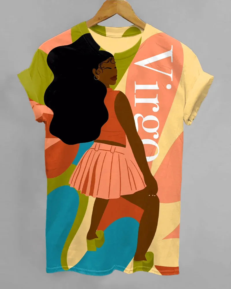 Virgo Cartoon Illustrations Print Crew Neck Short Sleeve Tshirt