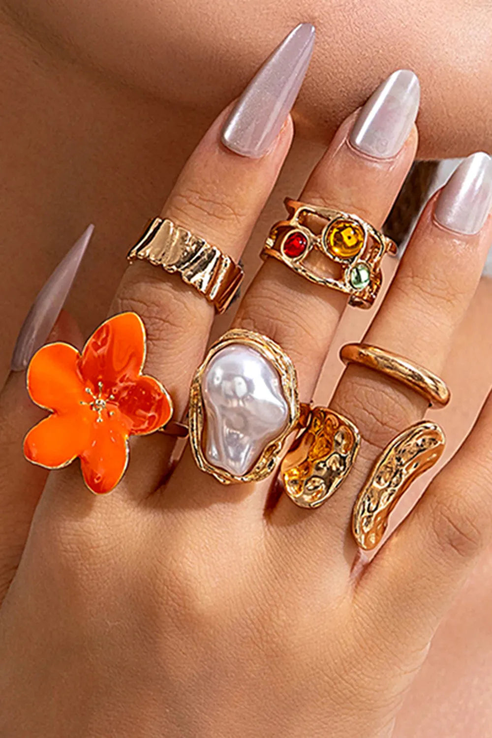 Fashionable Rhinestone Baroque Pearl Glazed Geometric Rings Set