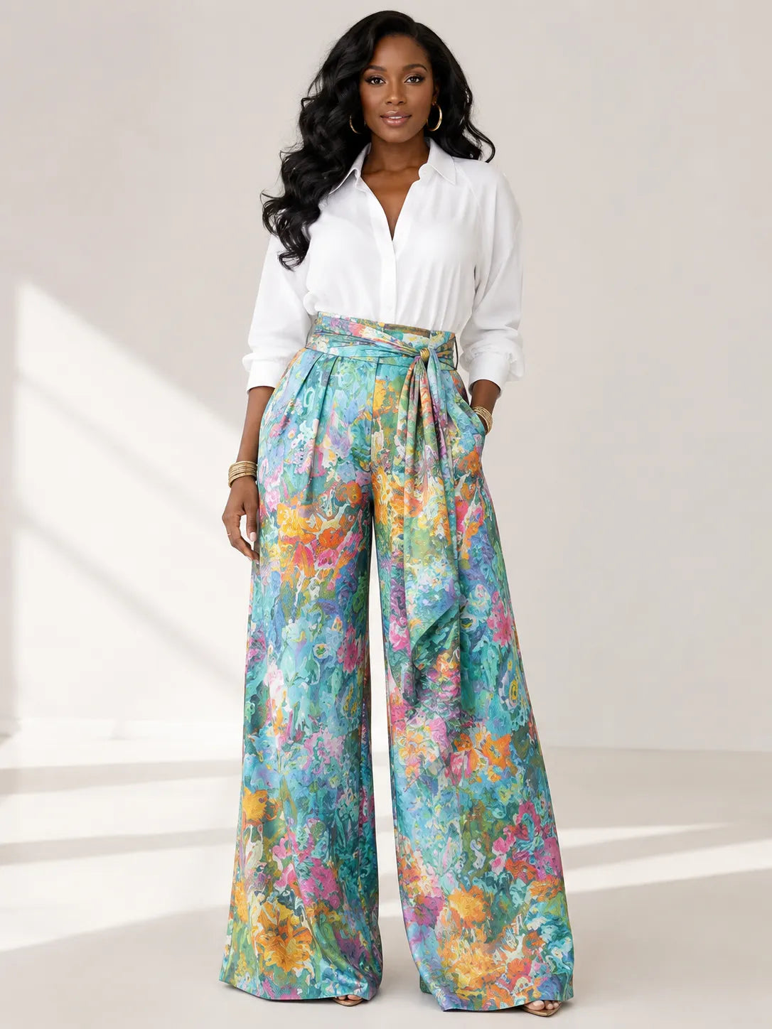 Floral Print High-Waist Wide Leg Pants with Tie Belt