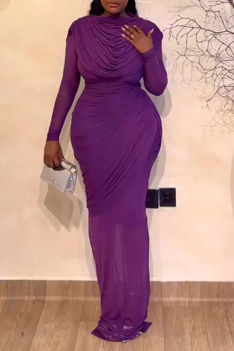 Women Round Neck Slim Fit Solid Color Temperament Dinner Party Style Dress