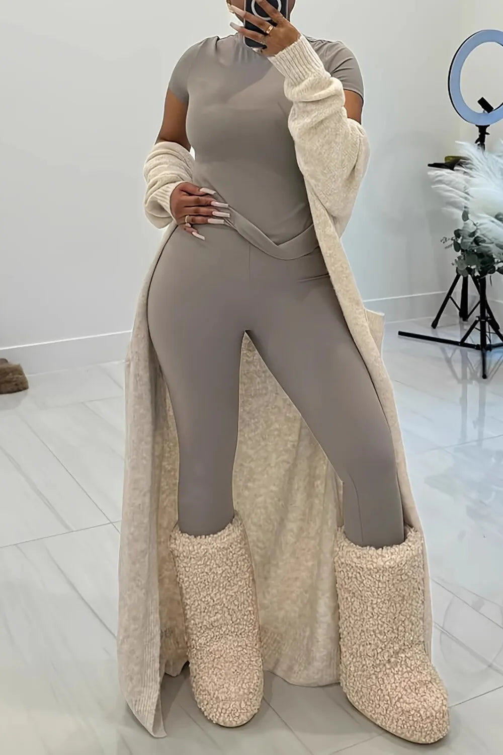 Knit Solid Color Pocket Casual Sweater Long Cardigan-Beige