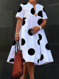 A-Line Short Sleeves Pleated Polka-Dot Printed Split-Joint Round-Neck Midi Dresses