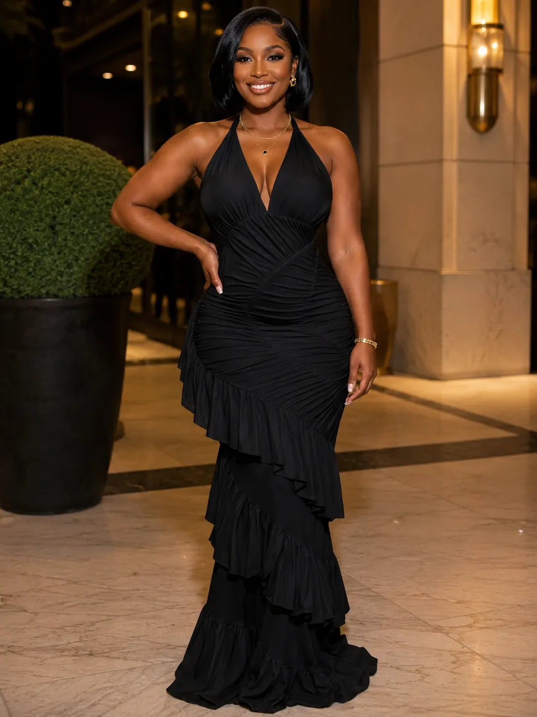 Halter Neck Flounced Tiered Bodycon Evening Gowns Maxi Dress