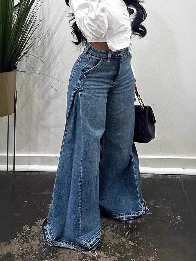 Casual Side Pleated Raw Trim Wide Leg Jeans