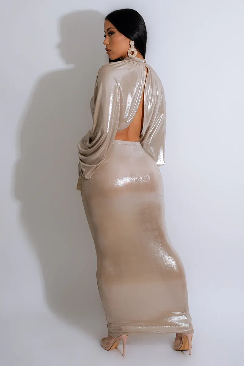 High Neck Long Lantern Sleeve Irregular Hem Top Ruched Maxi Skirt Bronzing Party Matching Set