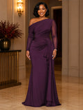 Oblique Collar Long Sleeve Ruched Cinch Waist Maxi Dresses