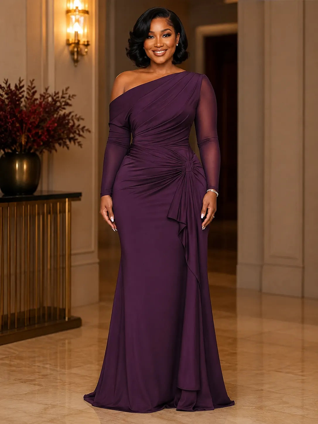 Oblique Collar Long Sleeve Ruched Cinch Waist Maxi Dresses