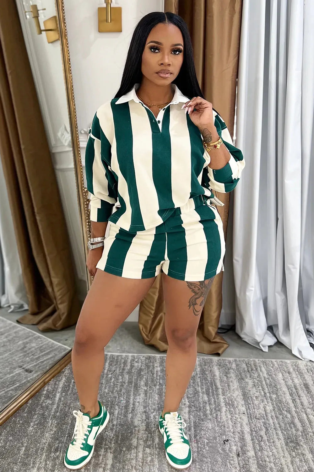 Colorblock Striped Long Sleeve Polo Shirt Shorts 2pcs Set-Red [Pre Order]