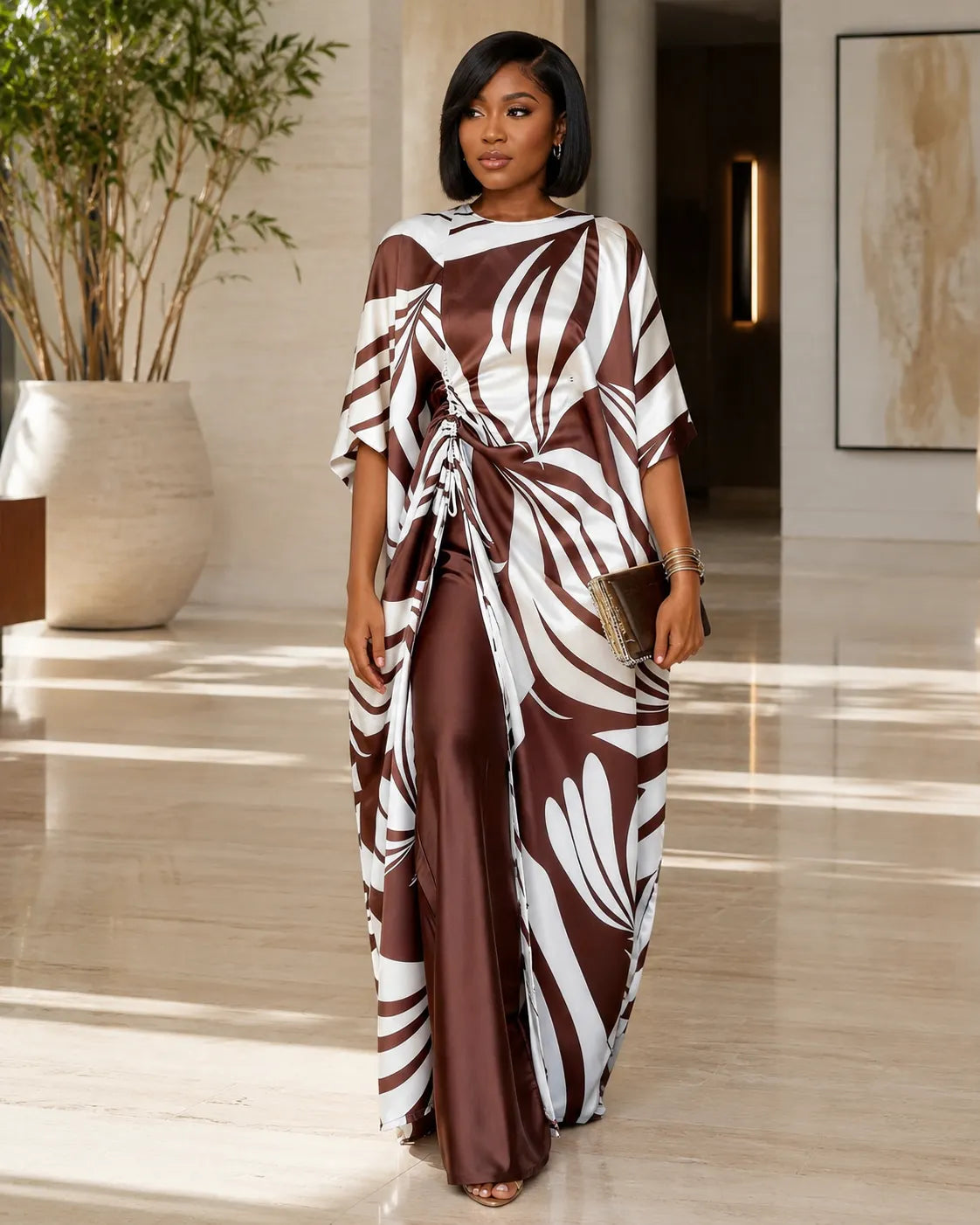 Satin Kaftan Two-Piece Set with Ruched Side Tie