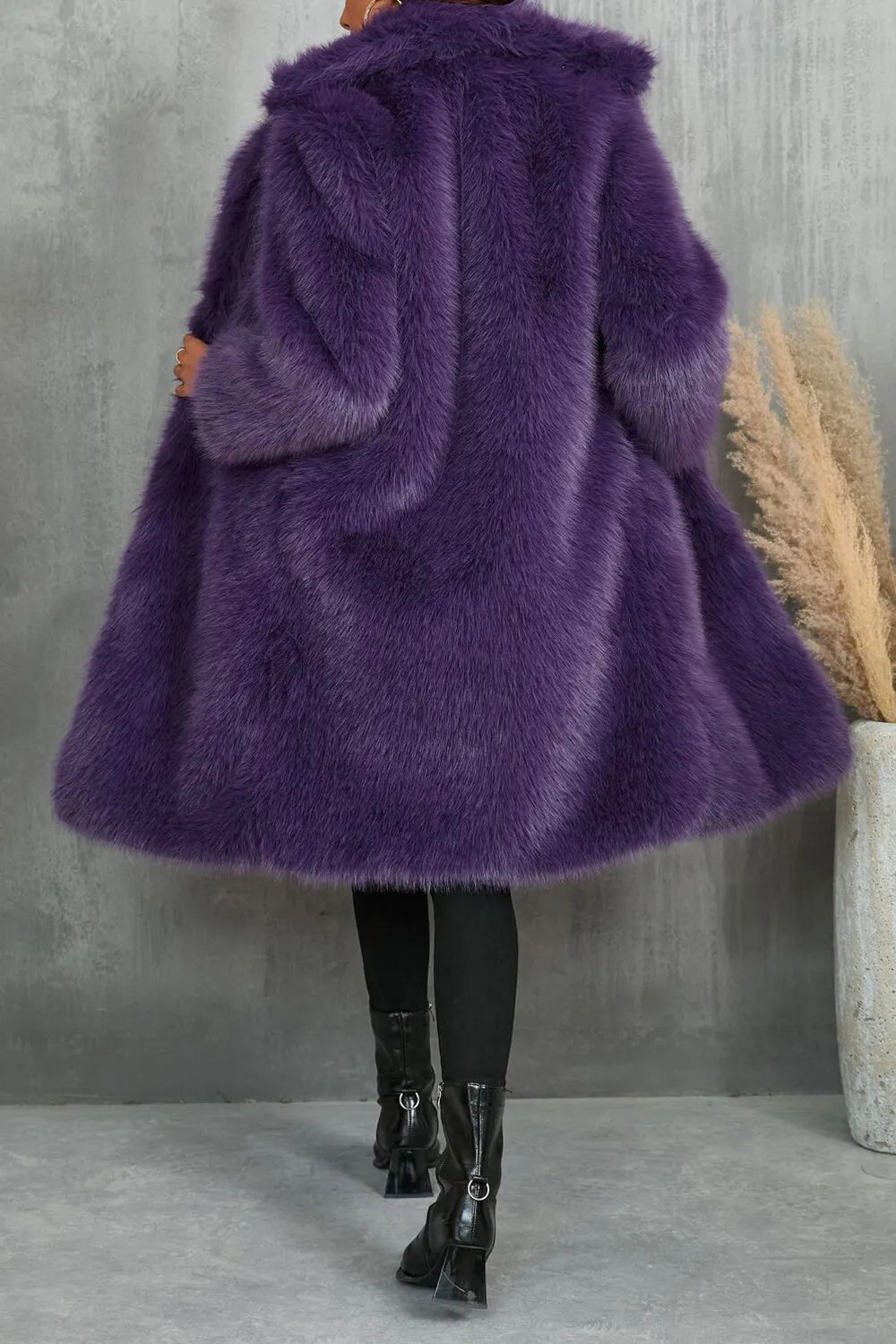 Notch Collar Long Sleeve Faux Fur Fuzzy Overcoat-Camel