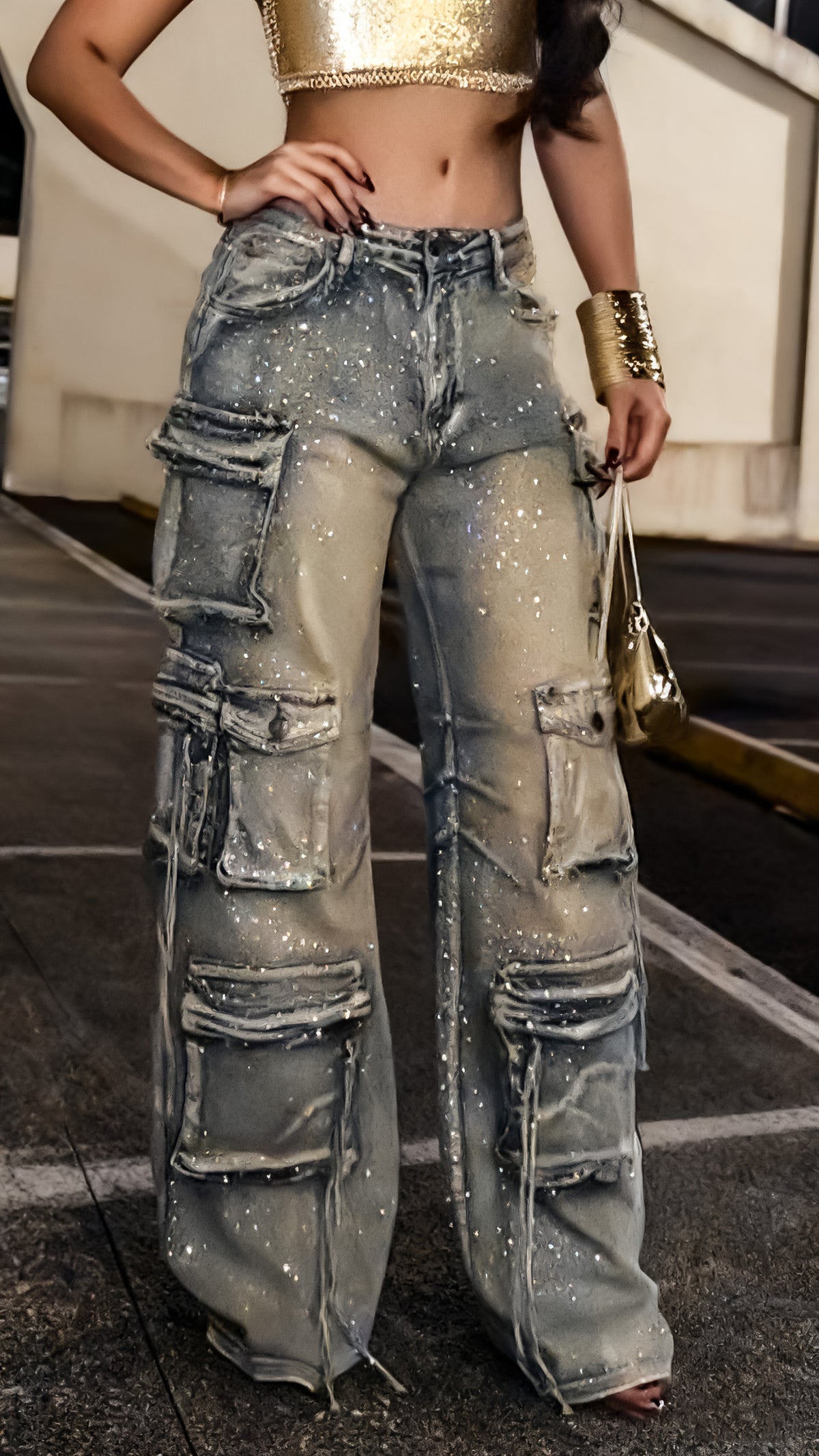 Women's Multi-pocket Cargo Jeans with Rhinestone Embellishments