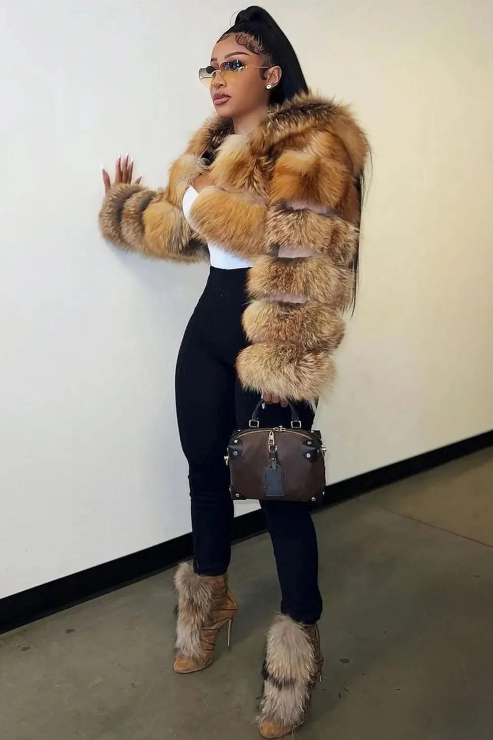 Long Sleeve Hooded Front Opened Quilted Faux Fur Crop Coat-Brown