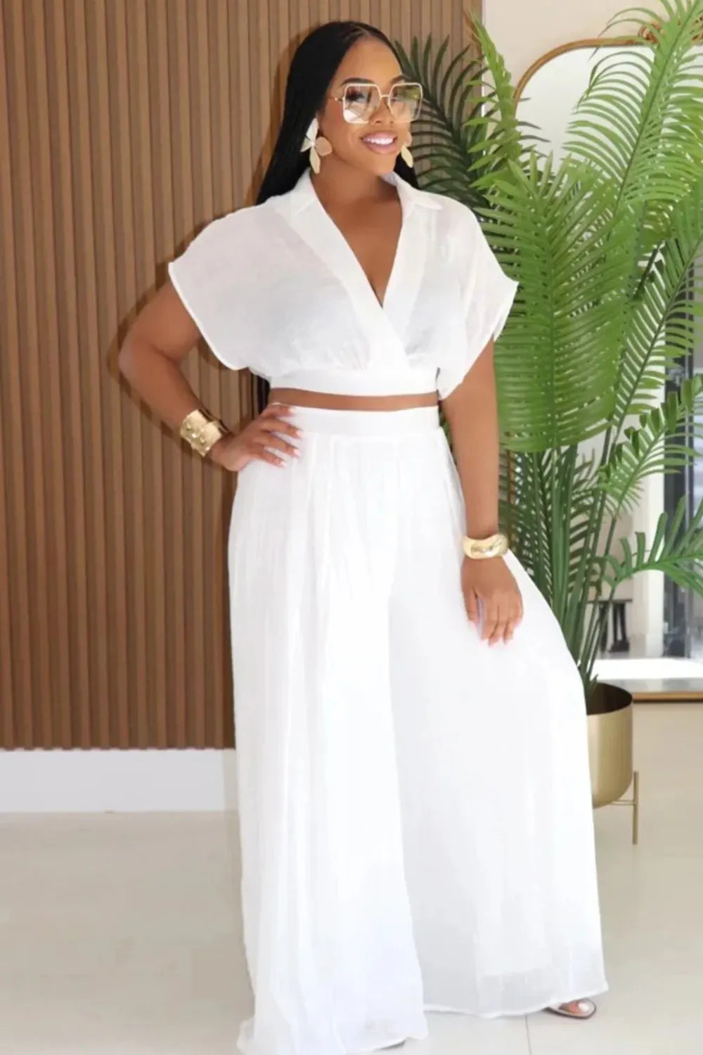 V Neck Dropped Shoulder Blouse Wide Leg Pants 2pcs Set-Pink [Pre Order]