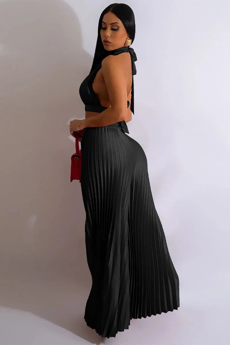 Halter Backless Crop Top Wide Leg Pleated Pants Two Pieces Set
