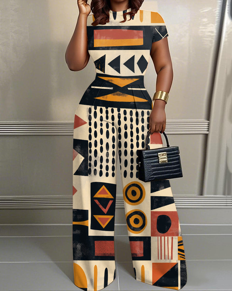 Colorful Abstract Geometric Art Print High Waist Wide-leg Women's Two-piece Set