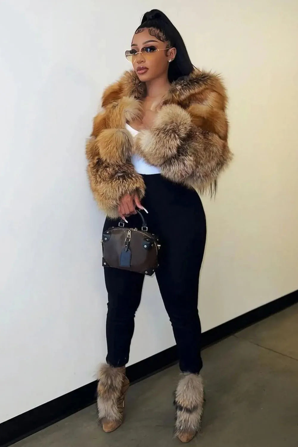 Long Sleeve Hooded Front Opened Quilted Faux Fur Crop Coat-Brown