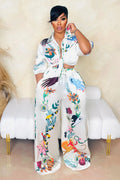 3/4 Sleeve Blouse Floral Print Wide Leg Pants 2pcs Set-White [Pre Order]