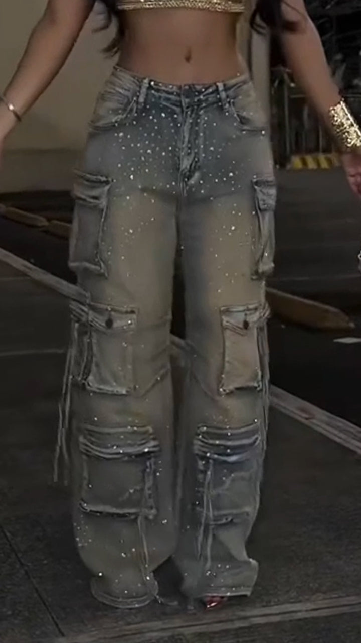 Women's Multi-pocket Cargo Jeans with Rhinestone Embellishments