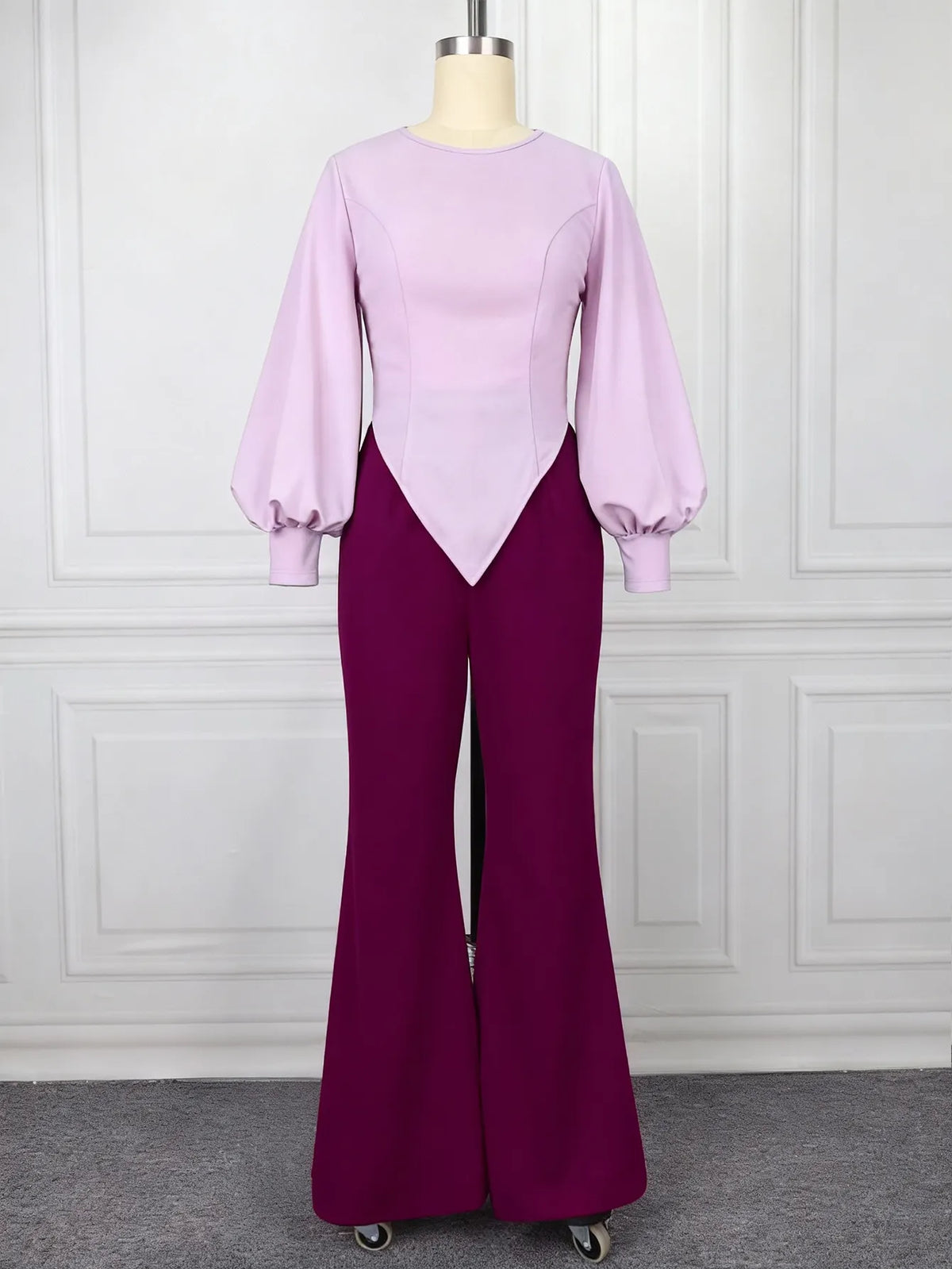 Two-Piece Lavender Puff Sleeve Top & Burgundy Flare Pants Set