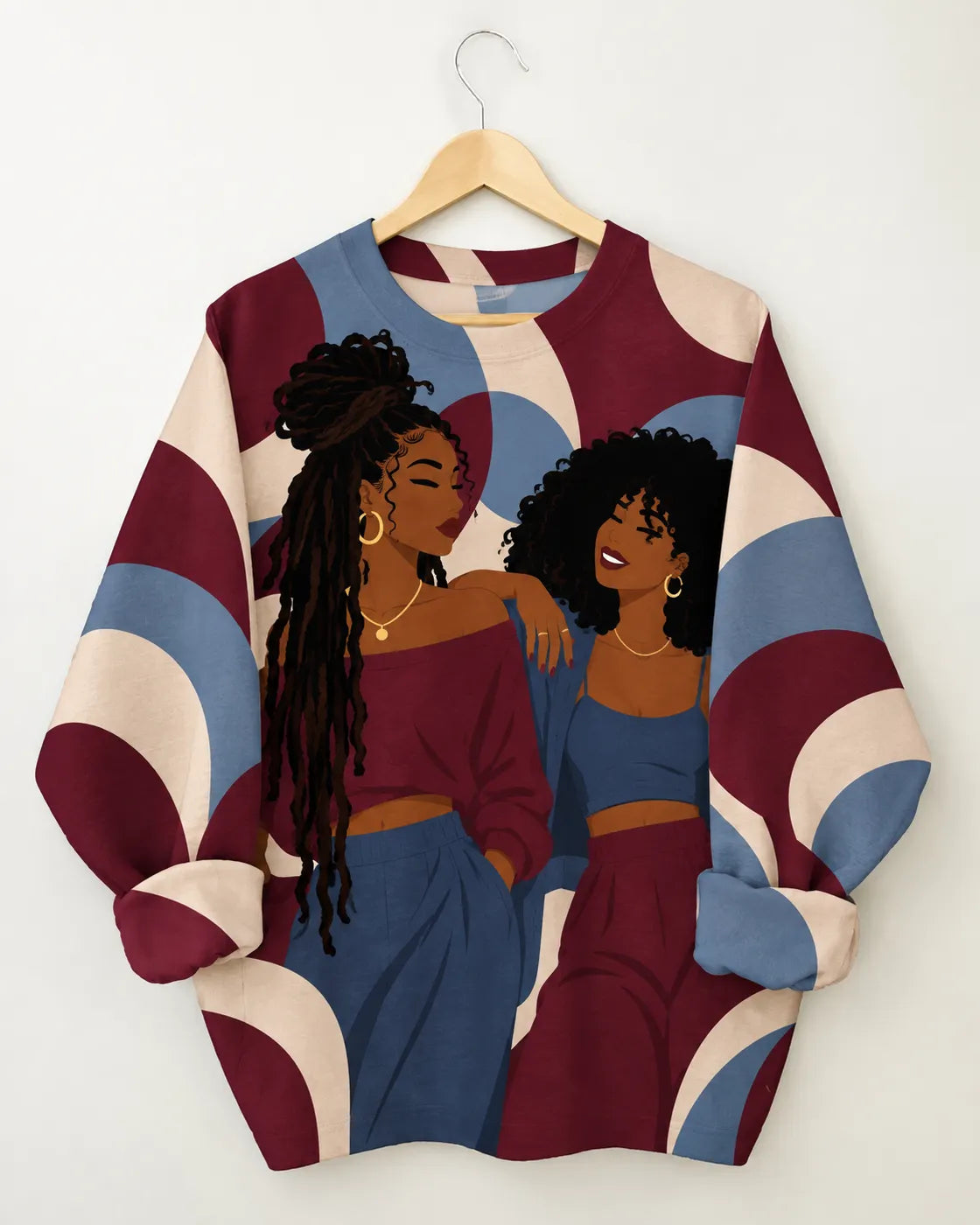 Navy Burgundy Abstract Two Women Graphic Sweatshirt