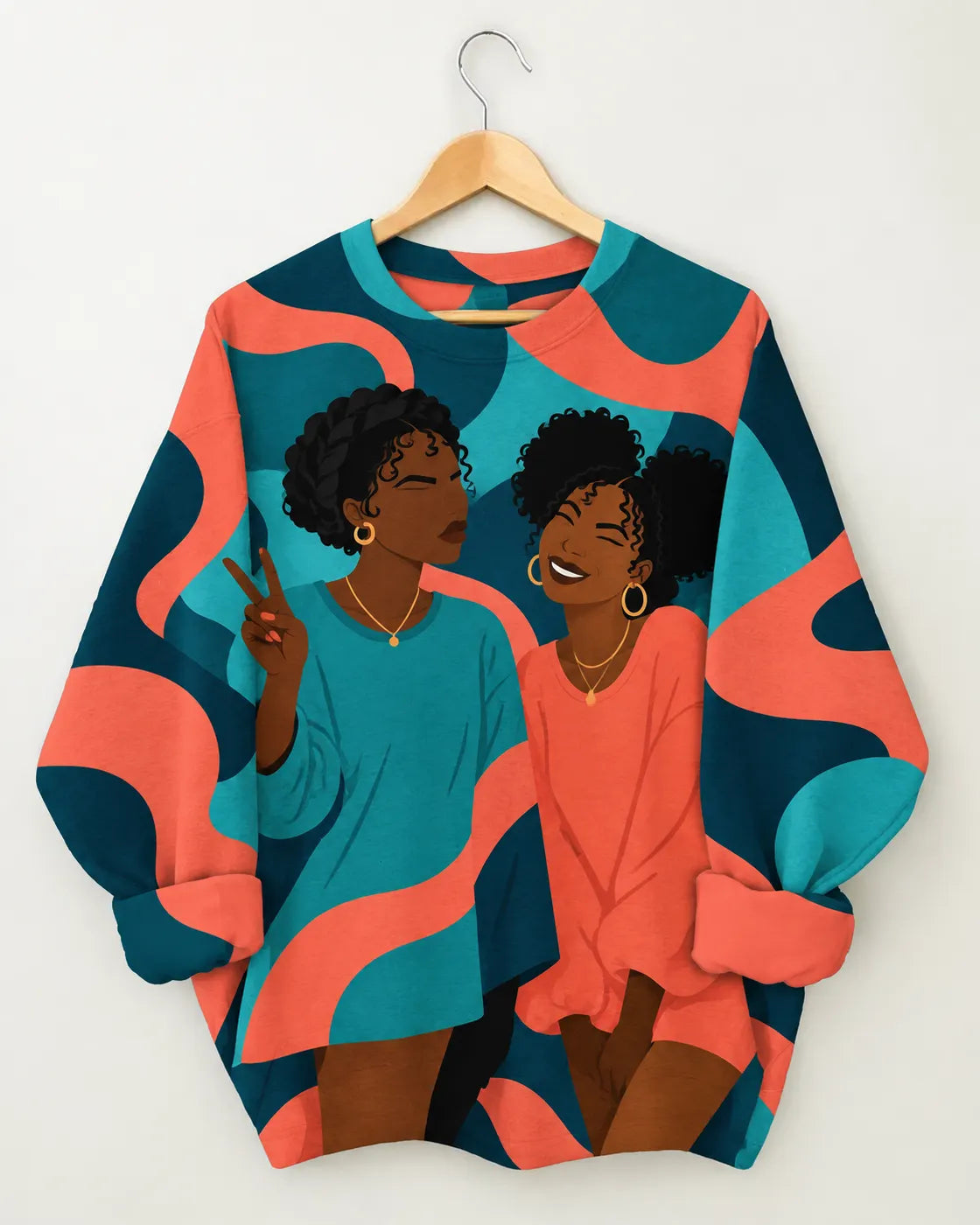 Teal Coral Abstract Two Women Graphic Sweatshirt
