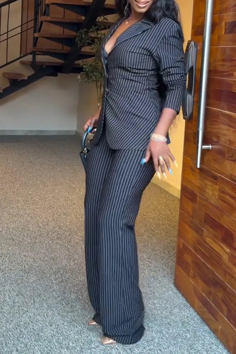Women's Elegant Commuter Stripe Blazer & Dress Pants Two-Piece Set