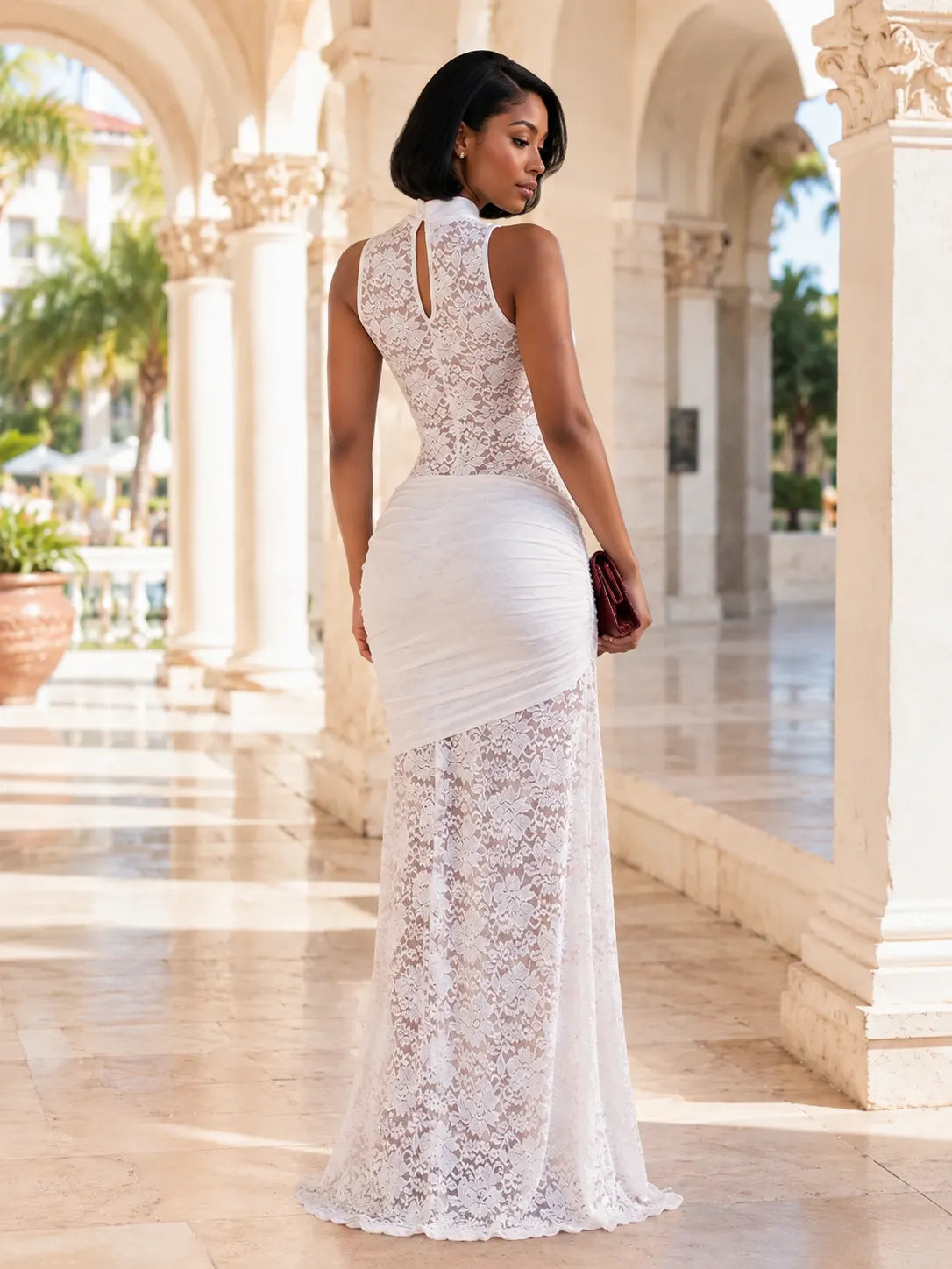 Lace Sleeveless Chest Cut Out Slit Slim Evening Gowns Maxi Dresses