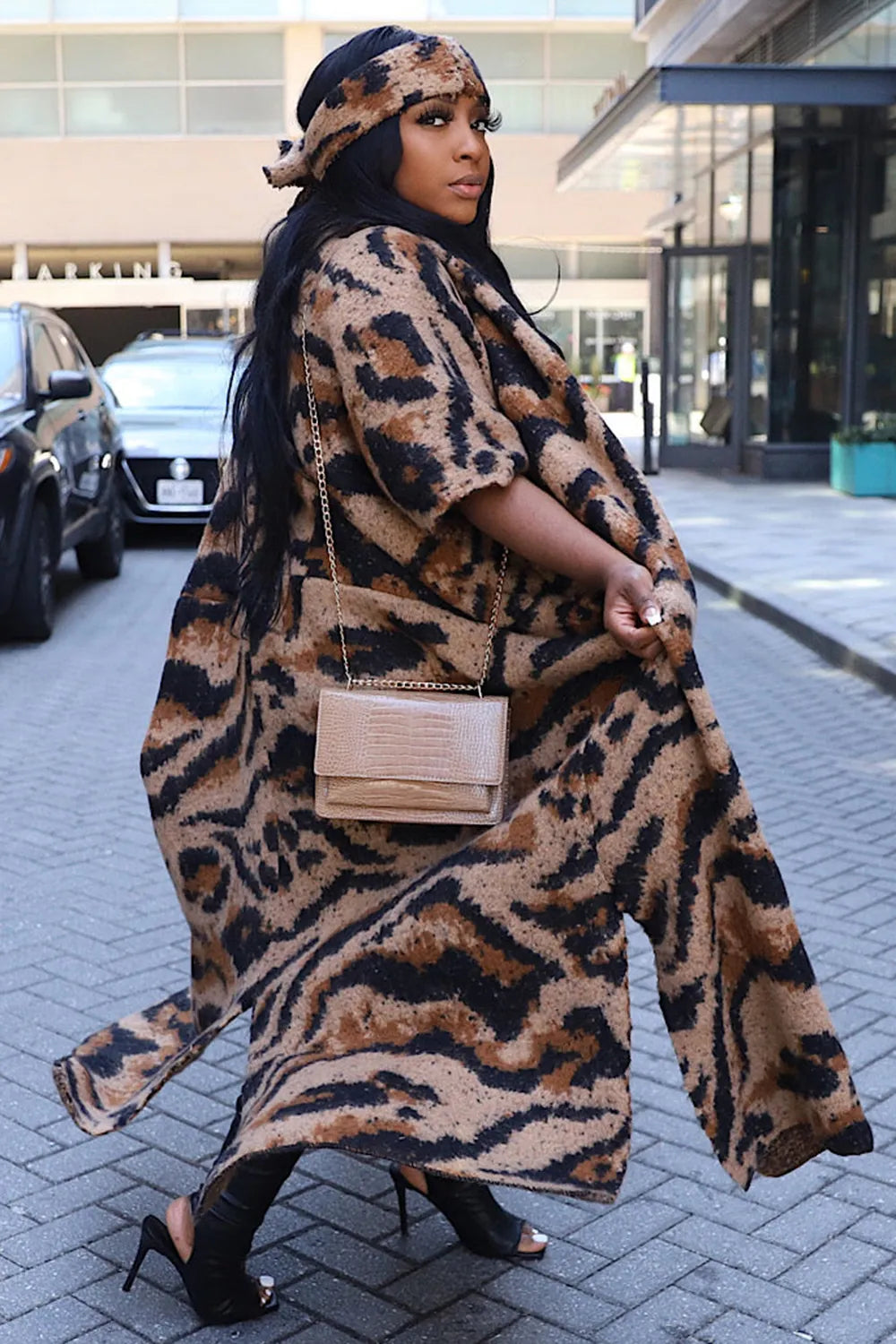 Leopard Pattern Knit 3/4 Sleeve Front Opened Long Cardigan-Brown [Pre Order]