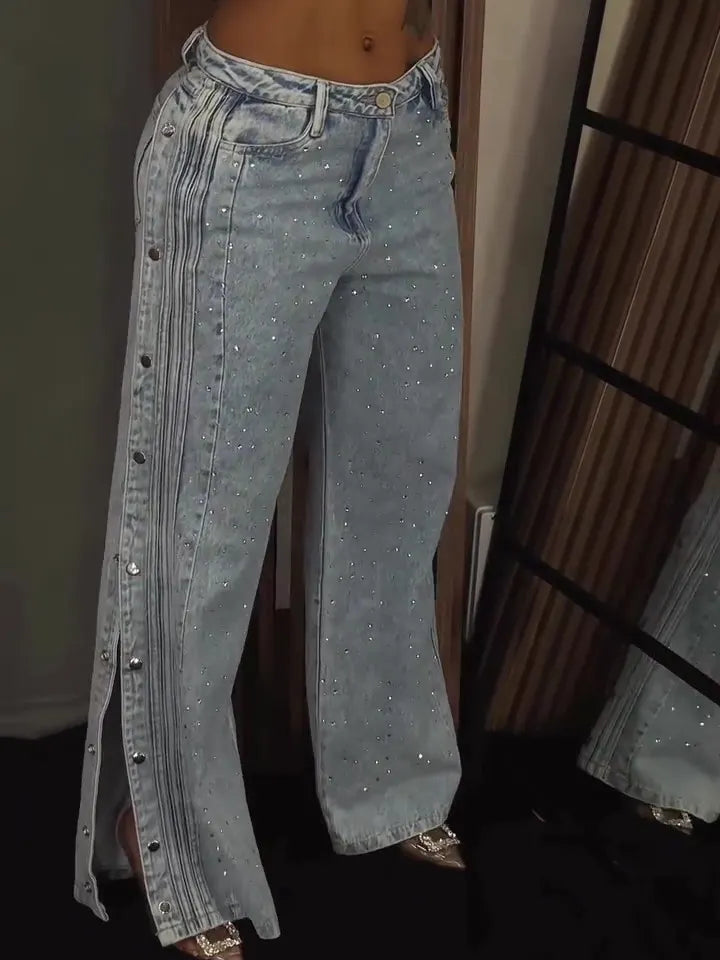 High-Waisted Rhinestone Embellished Side Button Jeans