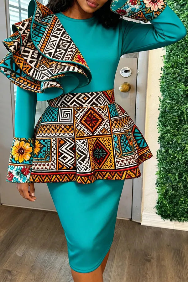 Stylish Multi-Layered Ruffle Ankara Print Trim Dress
