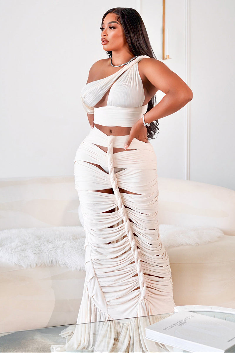 One Shoulder Crop Top Twisted Cutout Ruched Ruffle Hem Maxi Skirt White Slim Matching Sets