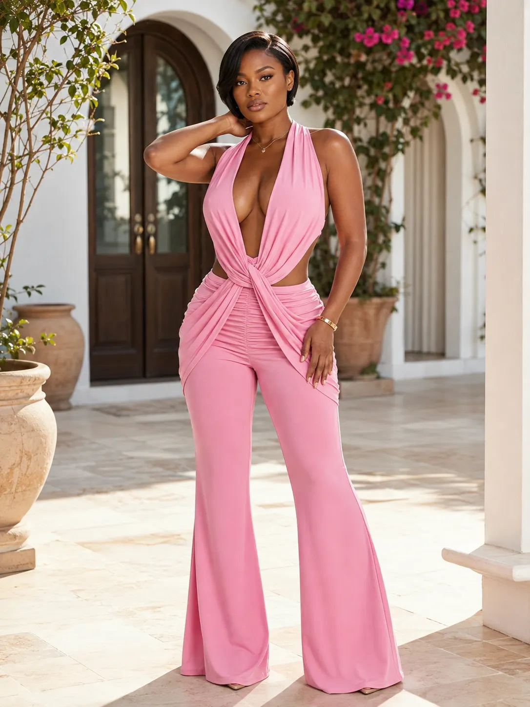 Cross Strap Backless Solid Color Sleeveless Ruched Slim Fit Jumpsuit