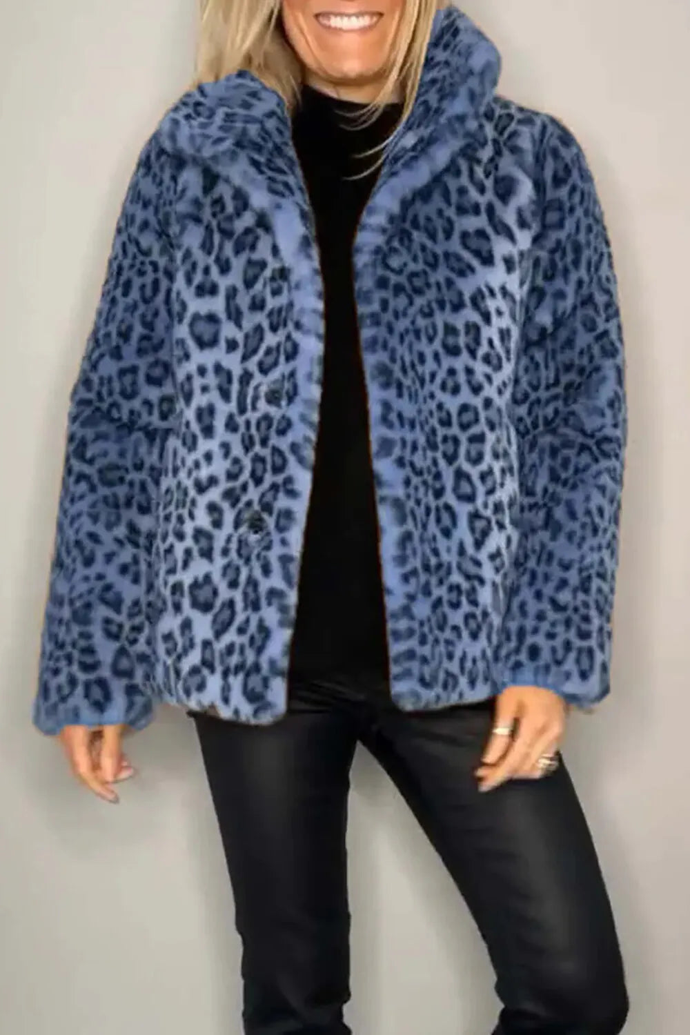 Leopard Fuzzy Long Sleeve Turndown Collar Coat-LightBrown