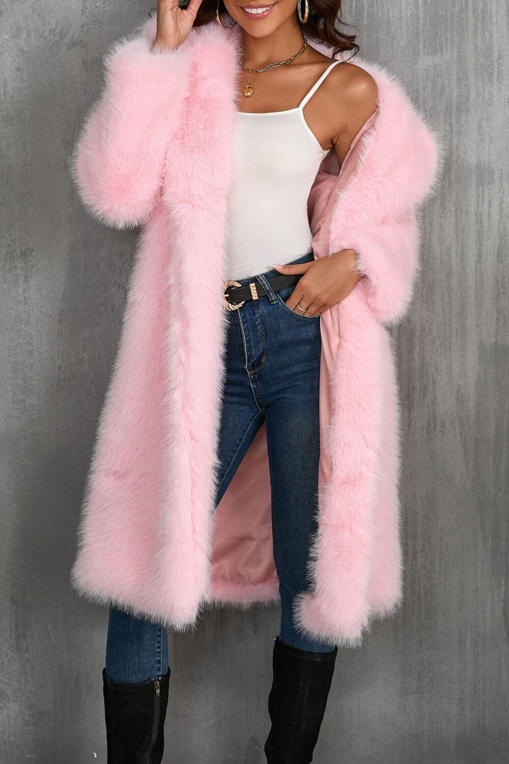 Notch Collar Long Sleeve Faux Fur Fuzzy Overcoat-Camel