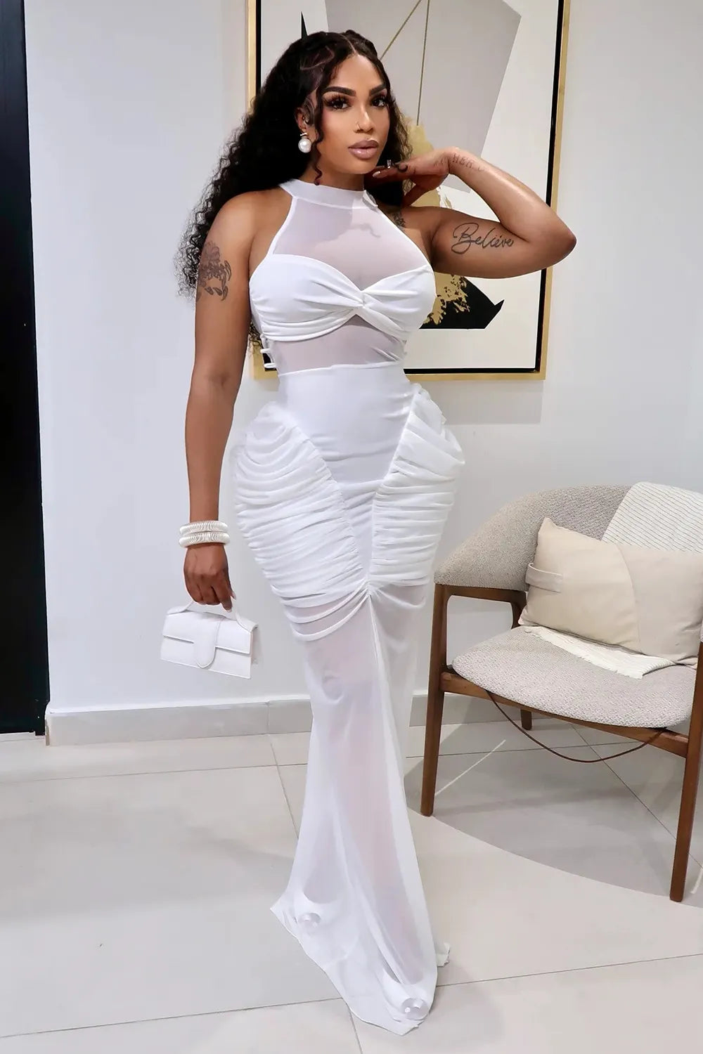 Halter Neck Semi-Sheer Patchwork Ruched Gowns Maxi Dresses-White