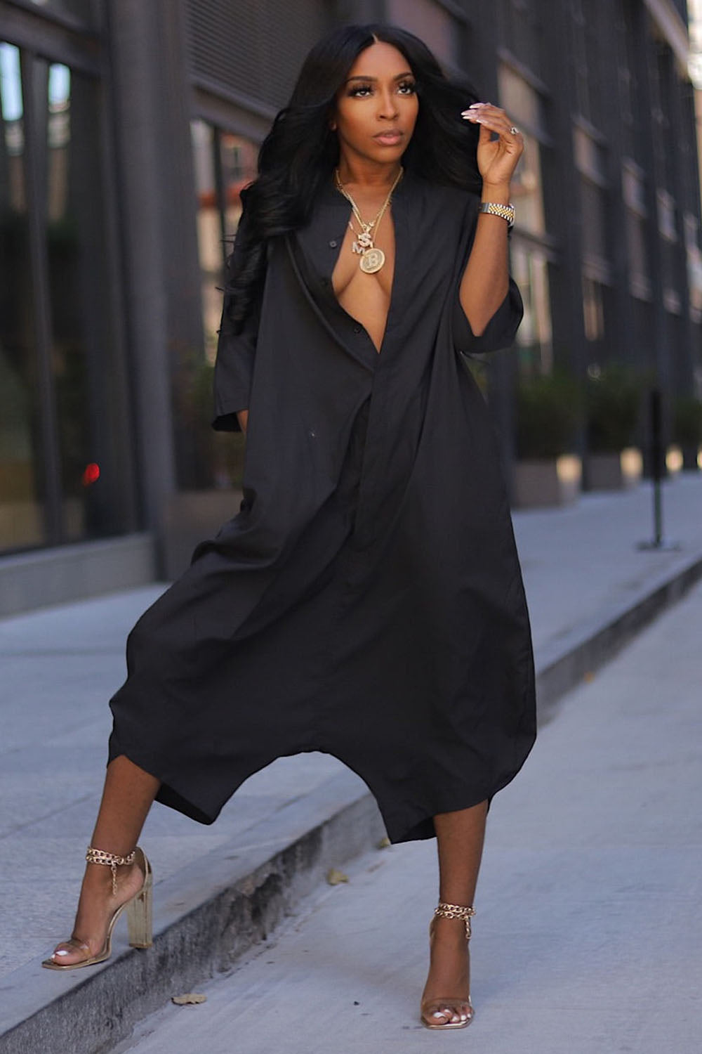 3/4 Sleeve V Neck Oversize Casual Harem Crop Jumpsuit-Black