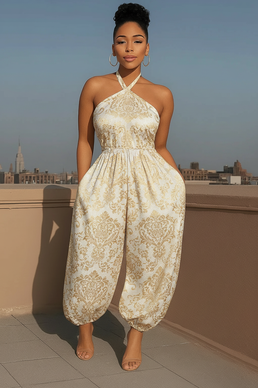 Damask Print Halter Neck Jumpsuit