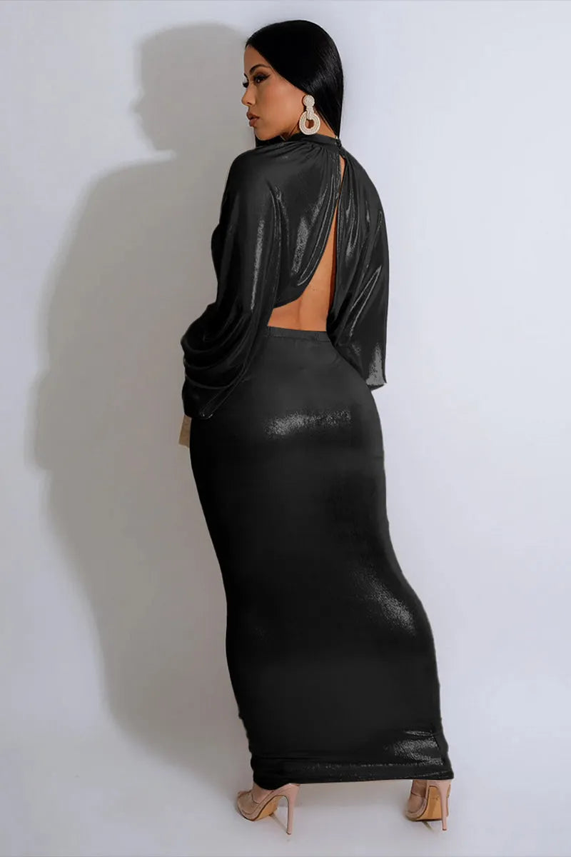 High Neck Long Lantern Sleeve Irregular Hem Top Ruched Maxi Skirt Bronzing Party Matching Set