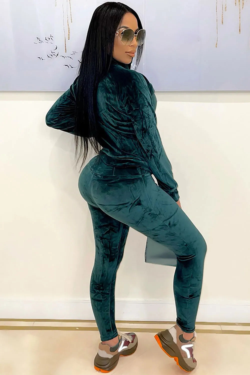 Velvet Solid Color Zipper Track Jacket Skinny Pants Matching Set-Green
