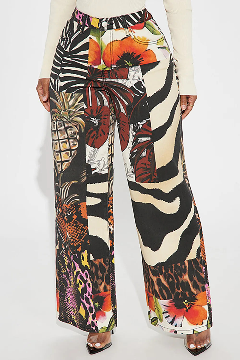 Fruits Animal Mixed Print Wide Leg Casual Pants-Black