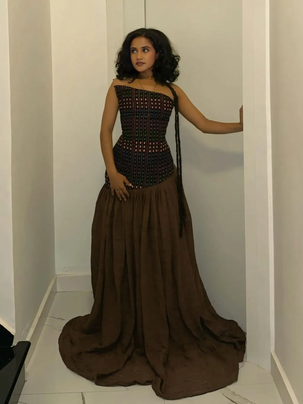 Ethnic Dot Strapless Fitted Waist Chocolate Flowy Train Maxi Dress