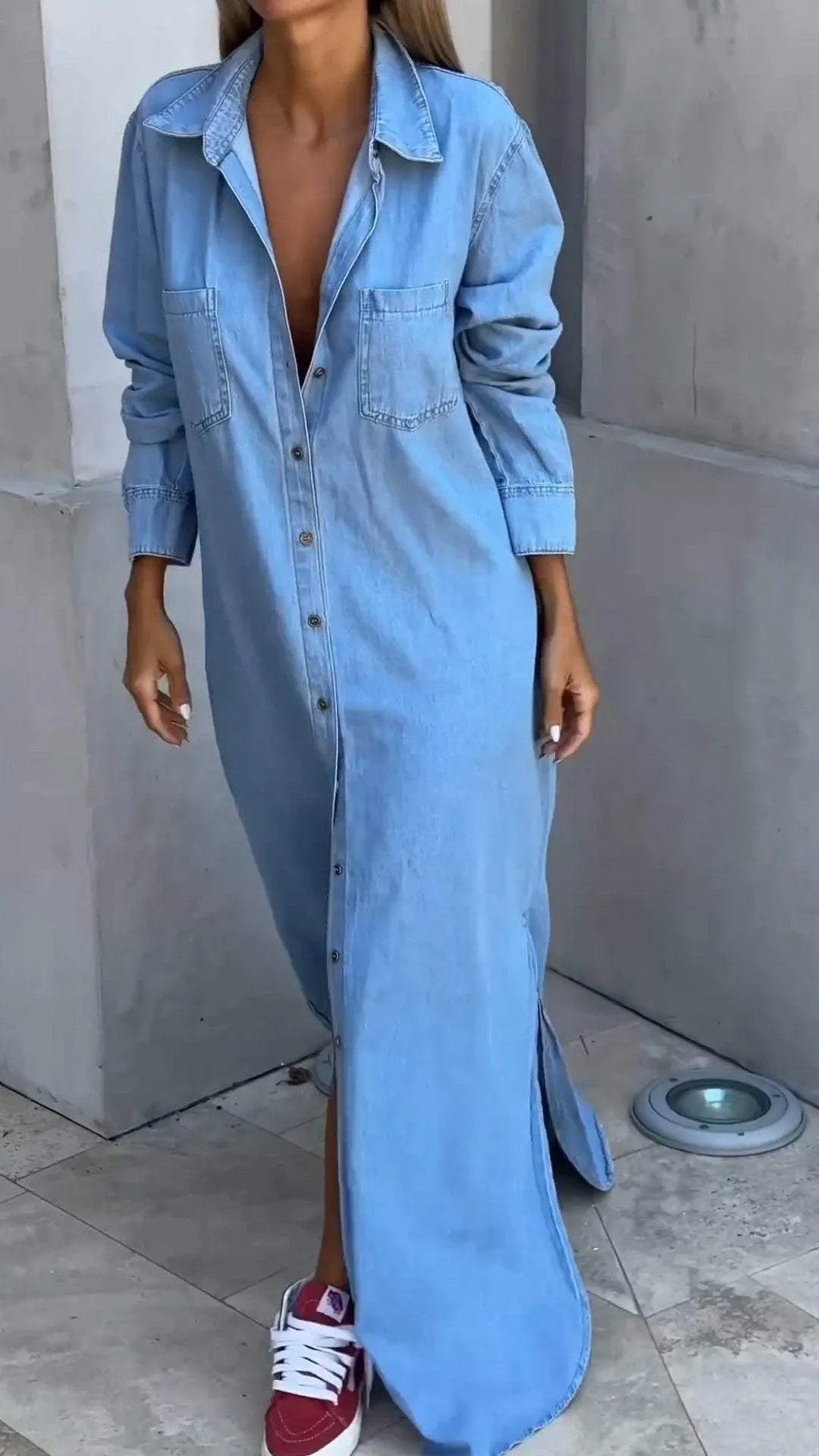 Women's Lapel Denim Extra Long Slit Casual Dress