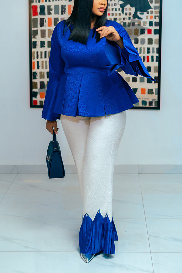 Elegant Bell-Sleeve Blouse & Tweed Wide-Leg Pants