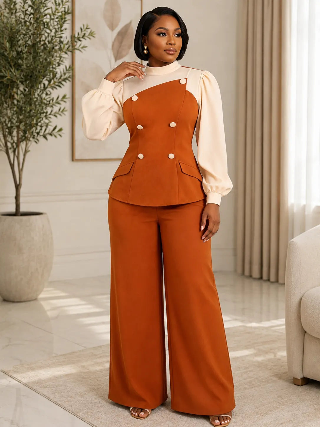 Color-Block Double-Breasted Peplum Vest and Wide-Leg Pants Two-Piece Set