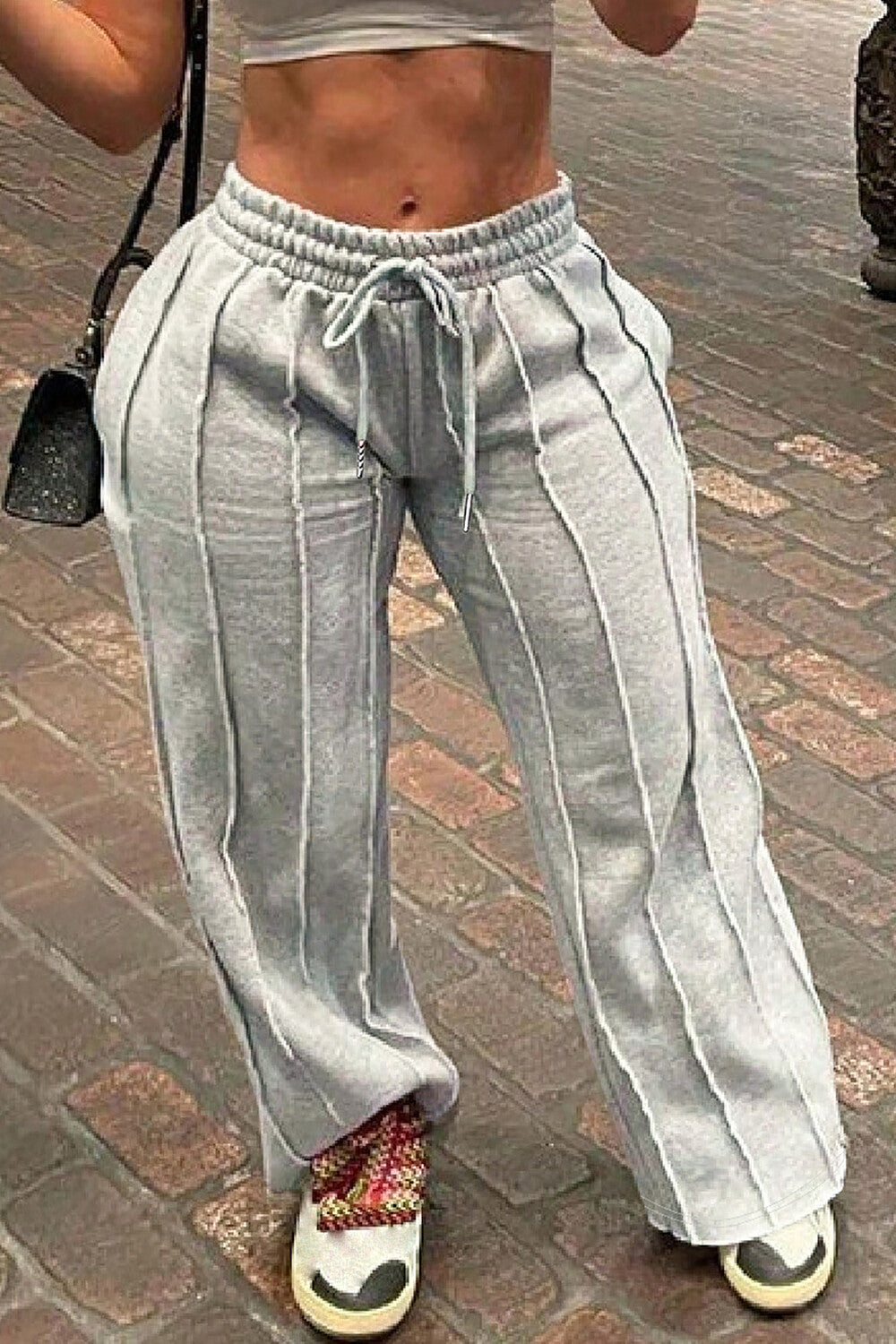 Elastic Waist Tie Up Striped Solid Color Casual Pants-Grey
